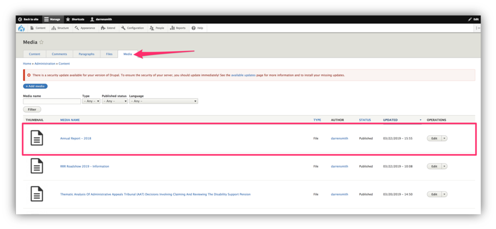 See you newly added document in the list of media content