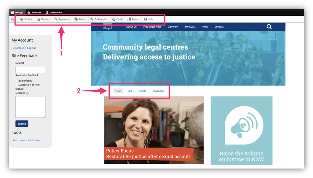 The menu across the top of the page for general navigation
