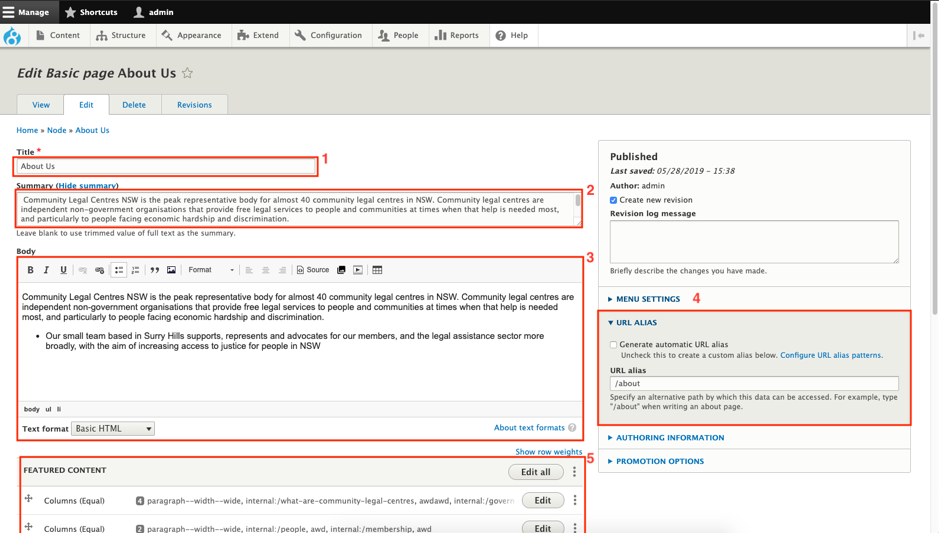 image with different elements of the edit page screen labeled